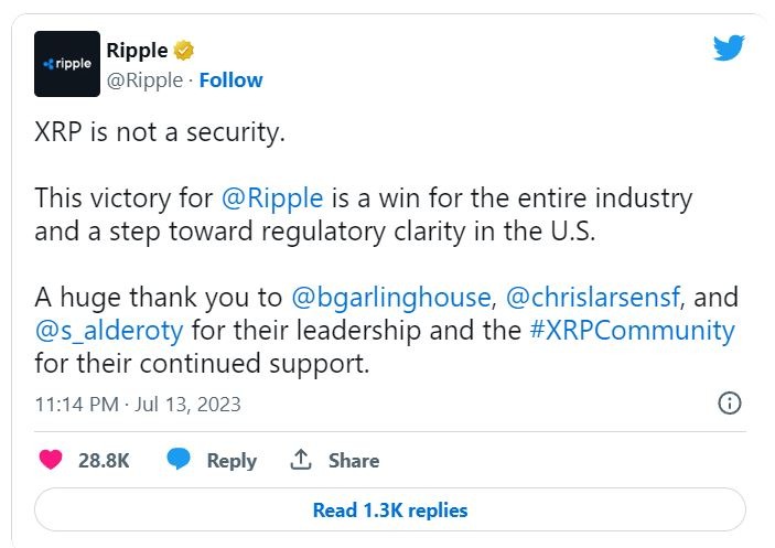 ریپل با این توییت ماجرای پیروزی خود را اعلام کرد.